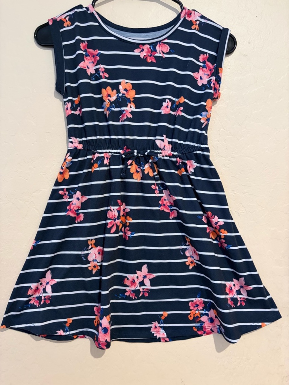 SO Girls Striped Floral Dress Navy Pink Elastic Waist- Size 7/8